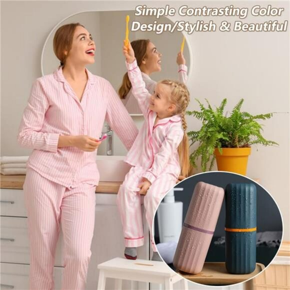 Travel toothbrush case holder set of 2 portable cups storage box pink and blue - Picture 6 of 7